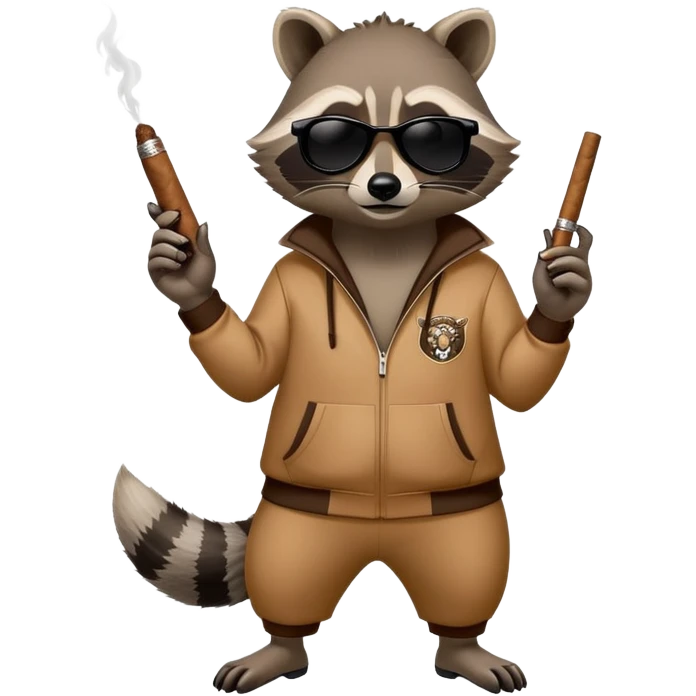 friendly anthropomorphised raccoon in a Sopranos-style mafia tracksuit, wearing dark sunglasses, holding a cigar, confident pose emoji