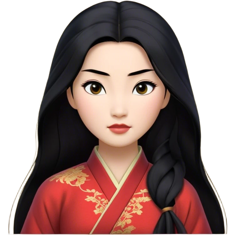 Cinematic Realistic Mulan Portrait, depicted with lifelike skin texture, soft natural lighting, and intricately detailed long black hair styled elegantly. Her deep, expressive eyes exude determination and grace, complemented by a serene yet confident expression. She is dressed in her classic attire, with rich fabric textures and delicate folds that catch the light beautifully. The portrait features a soft, enchanting glow with a natural, radiant finish, capturing the essence of timeless strength and beauty in a realistic and painterly style, evoking a sense of depth and authenticity. emoji
