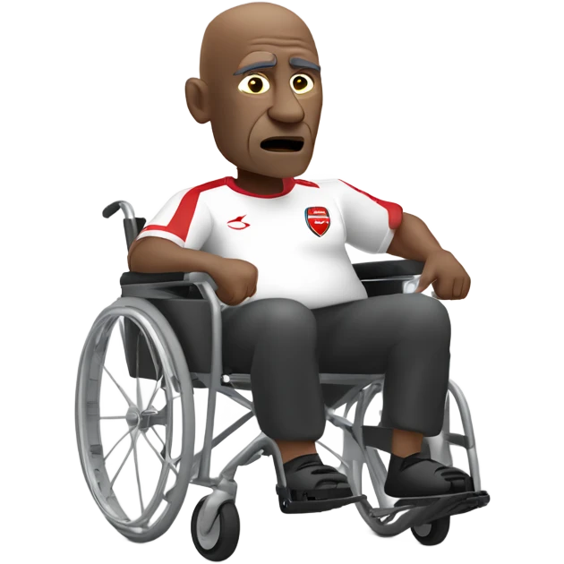 old black bald man with a round pot belly in wheelchair. angry face. grey stubble. he is pointing finger in front. wearing Arsenal soccer shirt. white word bubble emoji