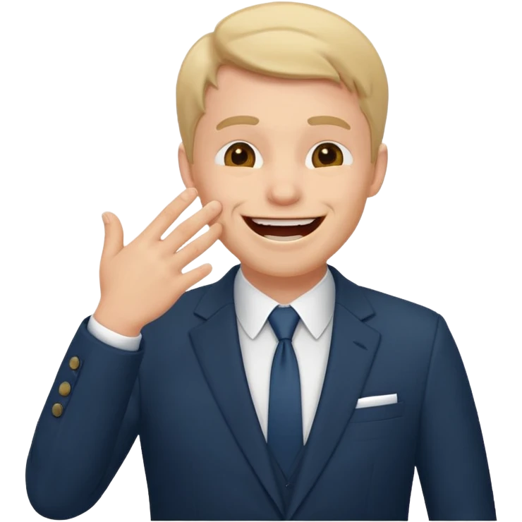 a white man in a formal suit laughs, covers his mouth with his hand emoji