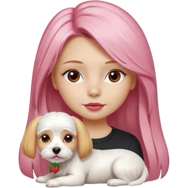 white Maltese terrier with pink nose on lap of girl with long blow-dried strawberry blond hair, brown eyes, thin eyebrows, slim nose, beautiful lips, Apple memoji emoji style emoji