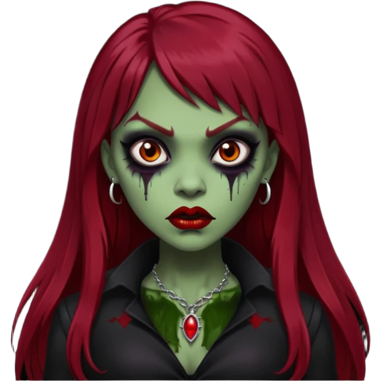 vampira gótica parda zumbi de cabelo longo e vermelho extremamente escuro e franja e roupa com decote e batom preto emoji