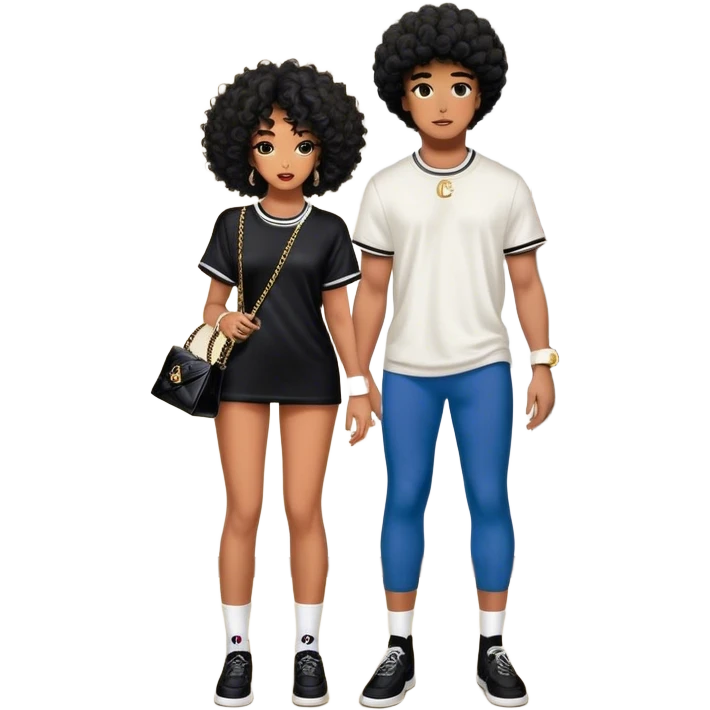 Man with loose curly tapered fro living his dream standing in the master bedroom of a mansion. He’s boo’d up with a pretty Brownskin big booty woman wearing a Chanel outfit with her holding a Chanel bag. The man has on a Fear of God Essentials outfit wearing designer socks. The man isn’t holding a bag emoji