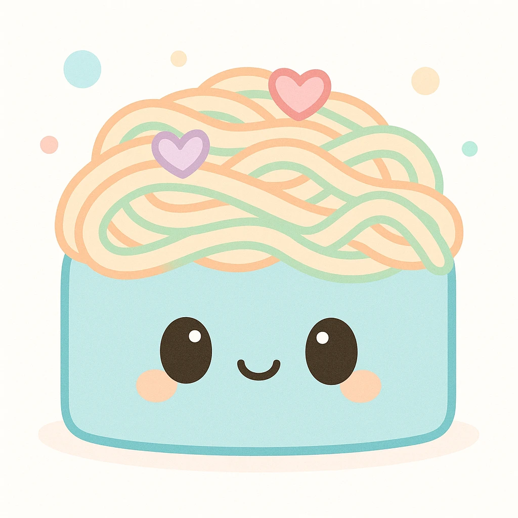 {
  "style_description": {
    "overall_look": "Cute, minimal, and soft with a friendly and playful tone",
    "material_simulation": {
      "primary_material": "flat digital color",
      "texture_detail": "smooth surfaces with no texture or shading",
      "pattern": "none or very simple decorative accents (e.g., hearts, stars)"
    },
    "geometry": {
      "edge_style": "rounded, soft curves with no sharp angles",
      "dimensionality": "flat two-dimensional appearance with simple shapes"
    },
    "color_palette": {
      "scheme": "pastel and light tones",
      "preferred_colors": ["pink", "mint", "lavender", "baby blue", "peach"],
      "contrast": "low contrast with bright accents"
    },
    "facial_features": {
      "eyes": "large, sparkly, often oval or circular",
      "mouth": "small, often a simple curve or dot",
      "expression": "joyful, innocent, or calm"
    },
    "lighting": {
      "type": "none or implied with soft highlights",
      "purpose": "maintain a clean and cheerful look"
    },
    "render_constraints": {
      "avoid": ["realistic shading", "high detail", "dark themes", "texture noise"],
      "focus_on": ["cute expression", "iconic simplicity", "emotional warmth"]
    },
    "background": {
      "color": "white or soft pastel",
      "style": "plain or patterned with simple icons (e.g., polka dots, stars)",
      "lighting_consistency": "no shadows, evenly lit feel"
    }
  }
}

{subject} = linguine cake emoji