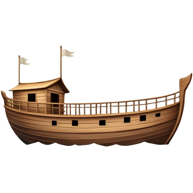 Huge empty wooden Noah's ark boat on water, wide and spacious, no occupants, realistic details emoji