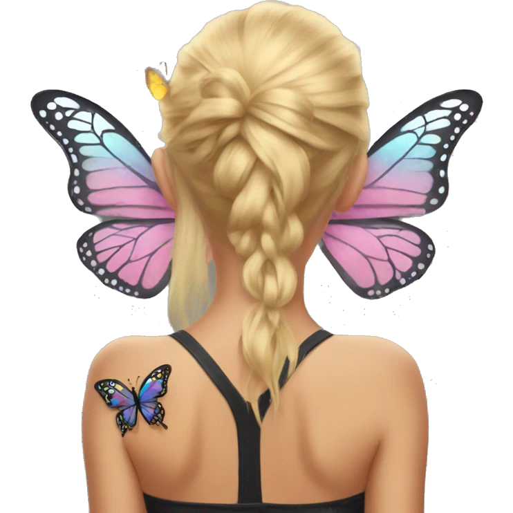 blonde girl with butterfly wings tattoo on her back emoji