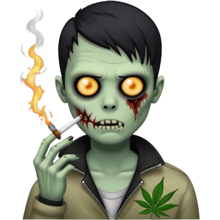 zombie boy with black buzzed hair, emo, dark and spooky, smoking weed emoji