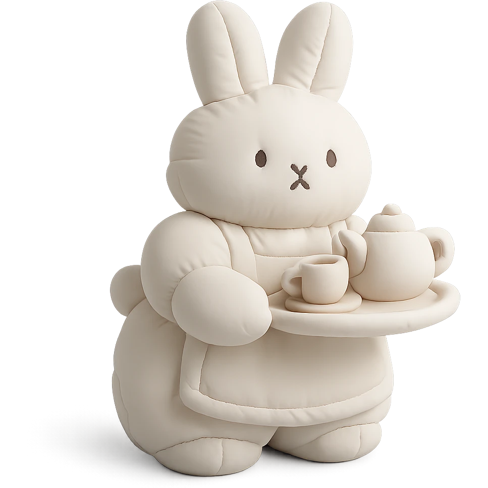 white bunny in apron holding tea tray, cushion style emoji