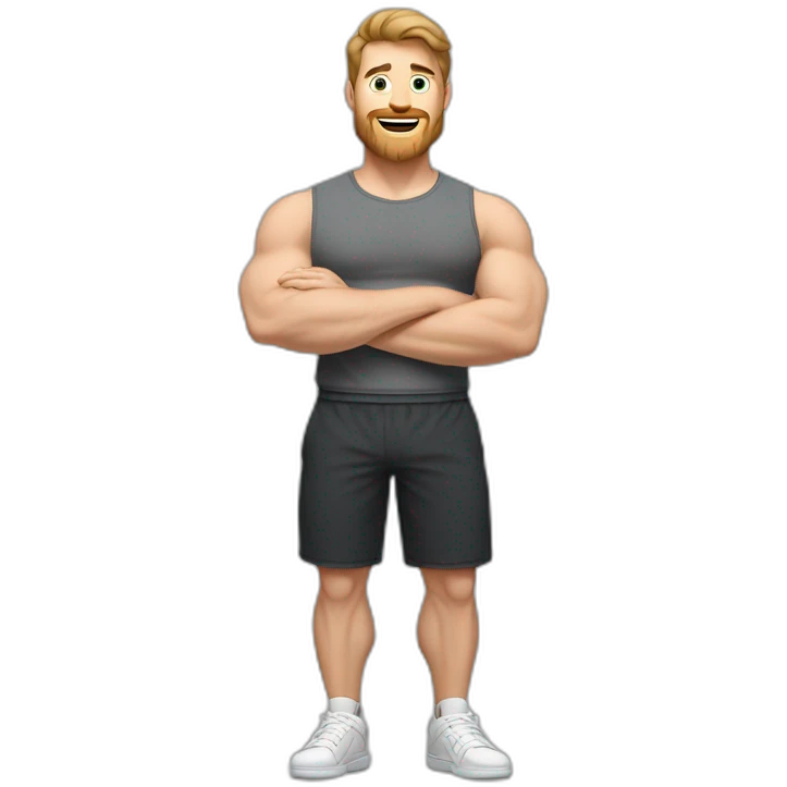 Full height Actively gesturing with hands Pale skinned Fit Man With the biceps and brown hair in dark gray Sleeveless Mike, black oversize sports shorts and white Sneakers emoji