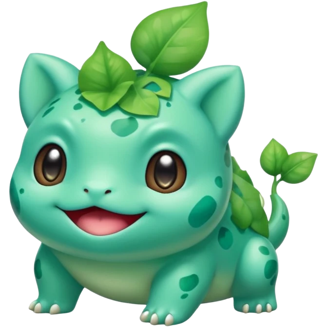 cute Bulbasaur Pokémon in Rednote app emoji style, soft rounded glossy face, bold expressive eyes, vibrant green and teal colors, playful cheerful, musical note accent emoji