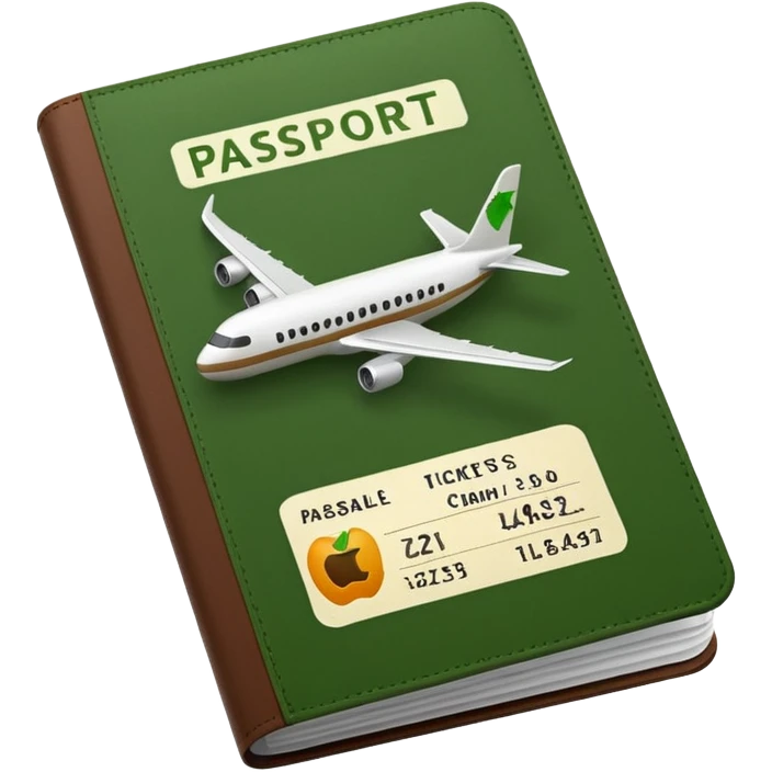 passport with visible airplane tickets, Apple emoji style, colors #173e12 and #c1a793, no text, minimalist emoji