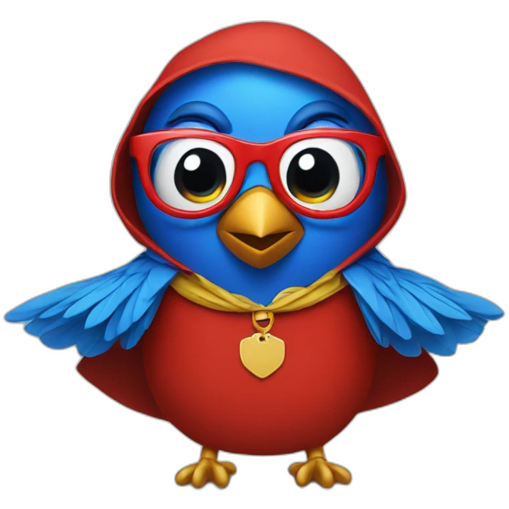 Blue bird with glasses wearing a cape and red tshit emoji