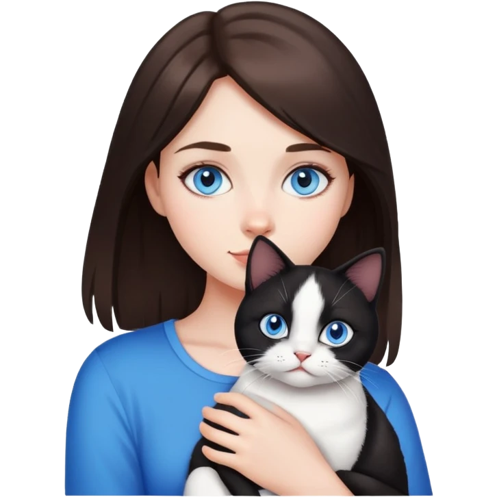 Brunette girl with blue eyes holding a black and white cat emoji