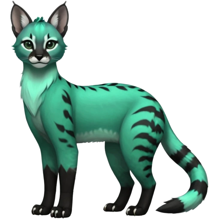 Colorful seafoam-green, black-pointed, tropical tribal glorious iridescent divine exotic cute cool beautiful beautiful fantasy-caracal-civet-genet-sergal-vernid-Gryphon-Cacomistle-Trico-oncilla-animal-Fakémon-hybrid-fursona (full body) emoji