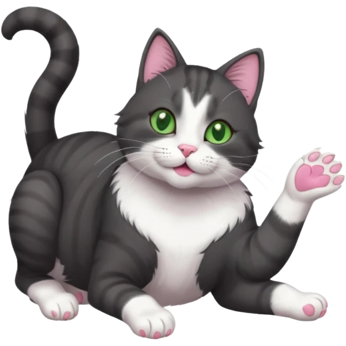 beautiful female solid dark grey cat with green eyes, white toes/paws and white patch on her chest playfully rolling upside down emoji