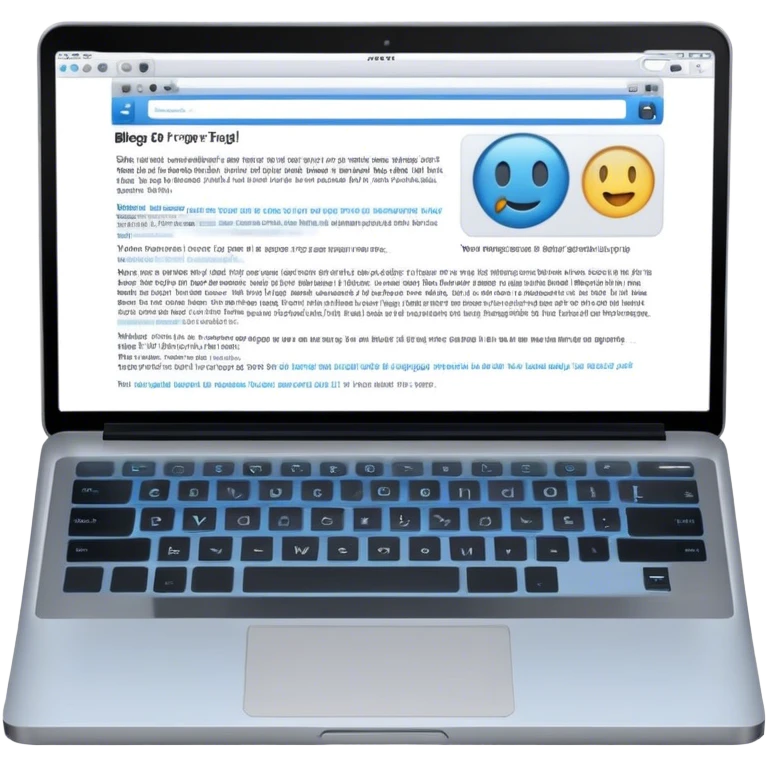 Create an emoji representing blogging. The design should feature an open laptop or tablet with a visible blog post with images on the screen. Use professional colors like blue, gray, and black. Make the background transparent. emoji
