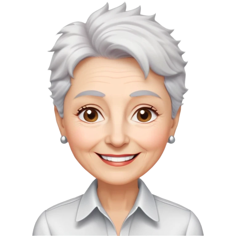 Senior version of Marian Pabón with defined facial structure, light pinkish skin showing age, almond eyes, arched eyebrows, charismatic wide smile, short spiky white-gray hair, more pronounced aging features, wearing a formal white buttoned shirt emoji