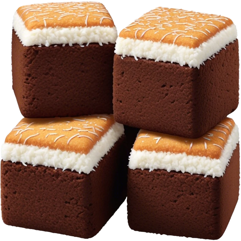 cinematic-realistic-lamingtons-dessert-emoji,-depicted-as-soft-sponge-squares-coated-in-chocolate-on all sides with coconut sprinkled on all side-rendered-with-mouth‚watering-detail-and-vibrant-lighting emoji