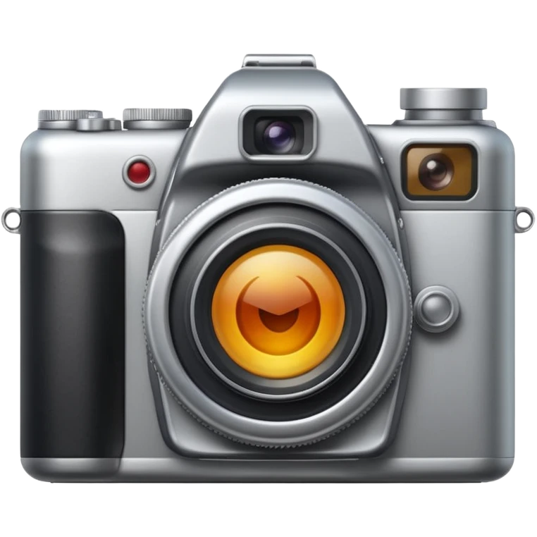 Minimal emoji icon of a modern metalic camera, front view, simple shapes, realistic lens,  emoji