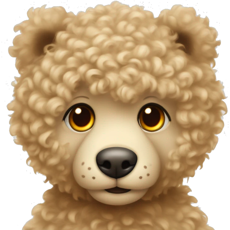 Light coloured curly fur. With Orange eyes teddy bear wearing a beige sweater with a red heart in the middle.  emoji
