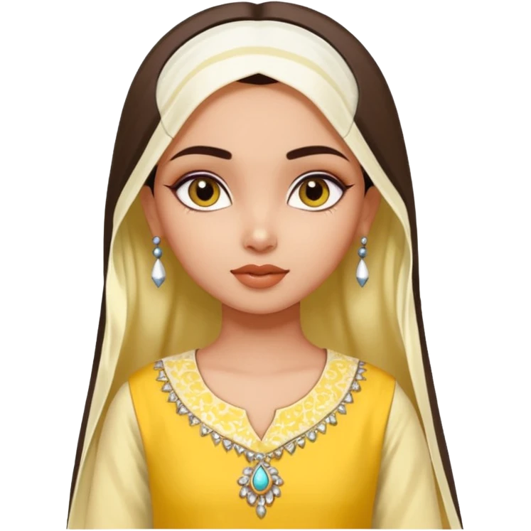 generate an ios genmoji in a bratz style of a fair beautiful indian girl wearing a casual kurti (yellow) with dupatta in white emoji