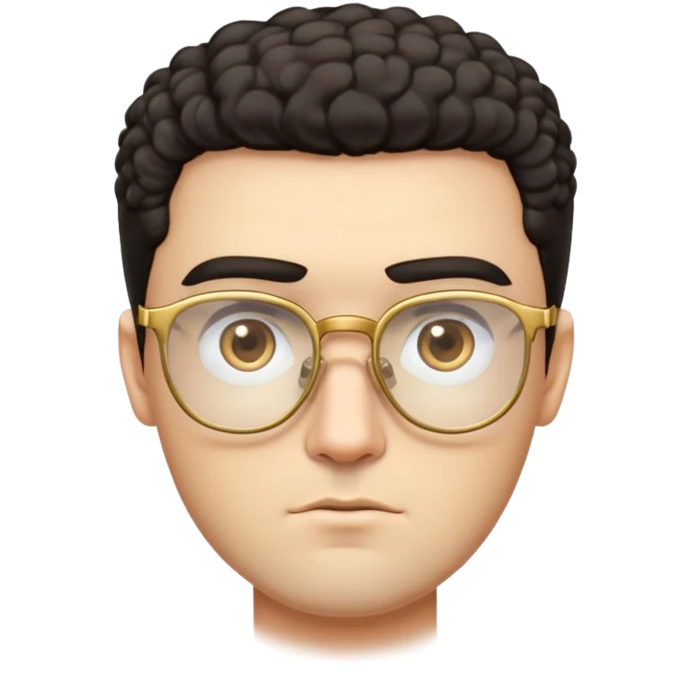 Man with square face, thick straight eyebrows, very short curly dark hair with fade on sides, light facial scruff, serious neutral expression, wearing large square golden glasses emoji