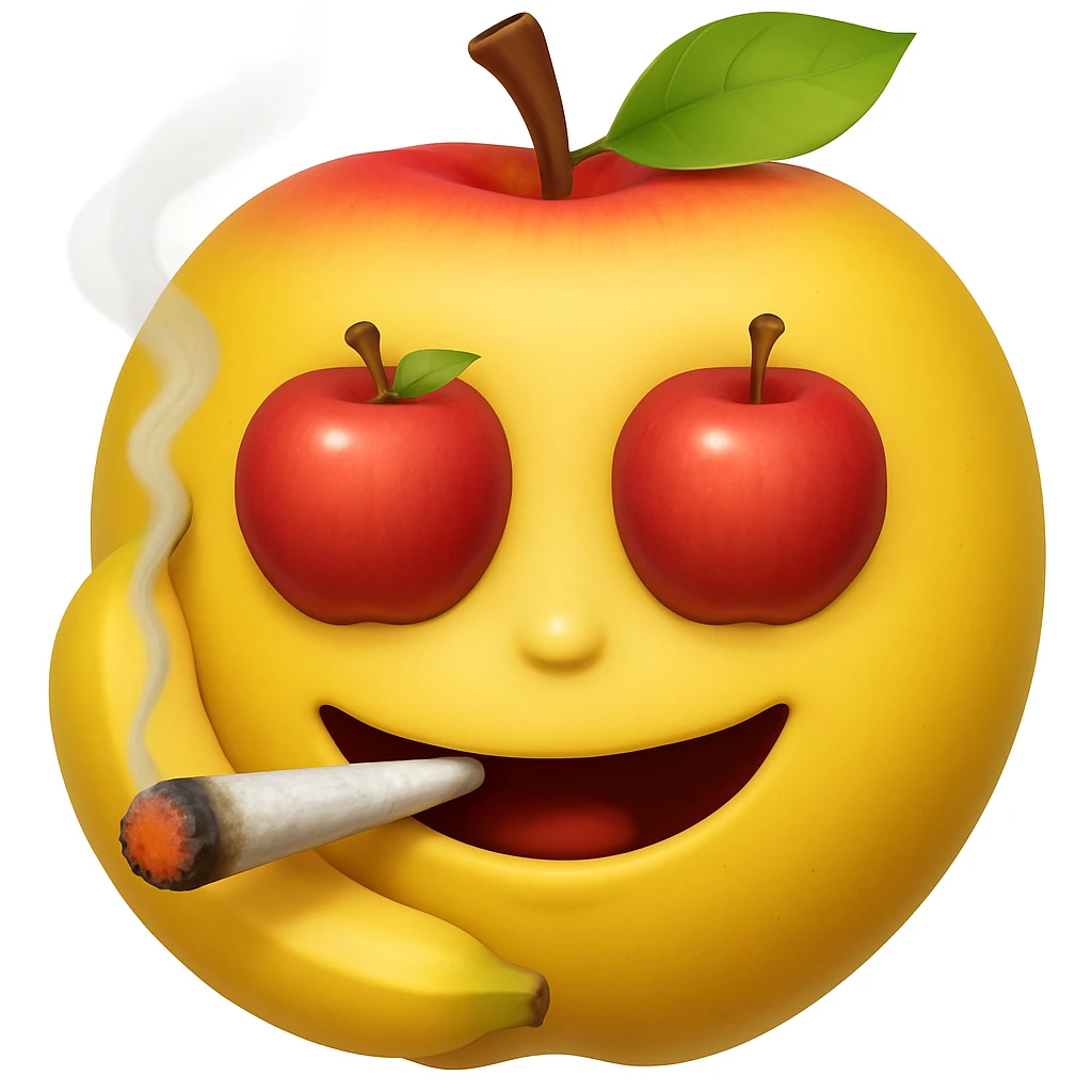 Add a cartoon joint with smoke to the smiley face made of apples as eyes and a banana as the mouth. Make it look like the face is smoking weed, keep the emoji style. emoji