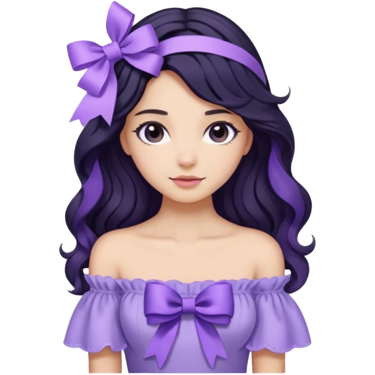 Girl with black wavy long hair and a ribbon hair clip beside it make it look like wearing a lavender off shoulder  emoji