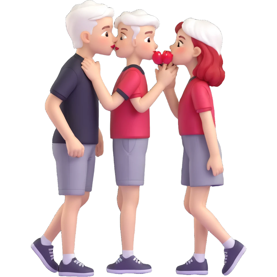 couple kissing, boy with PAPER WHITE SHORT HAIR (completely white), dark shirt, girl with long cherry red hair, light clothes emoji