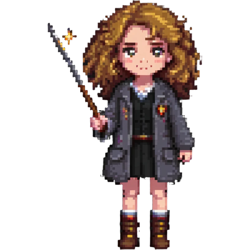 Hermione Granger with bushy hair and wand emoji