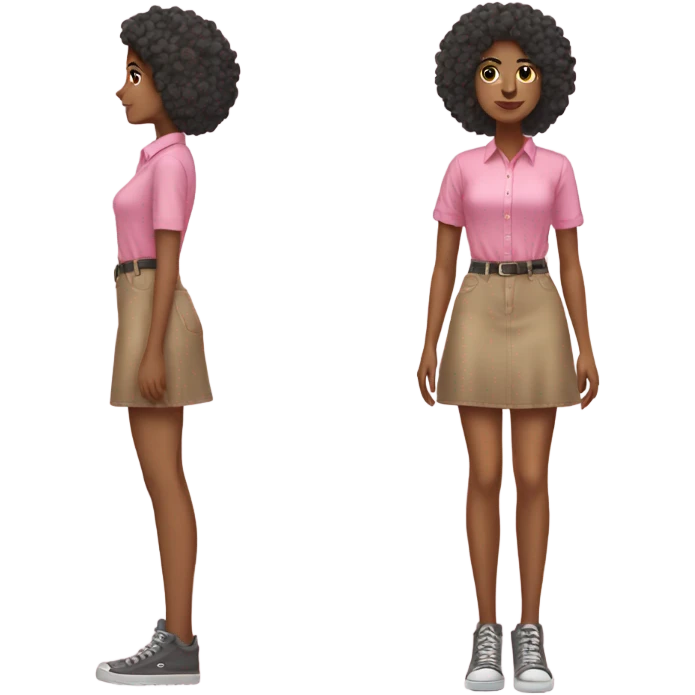 Tan girl with Afro posing full body jean skirt pink shirt emoji