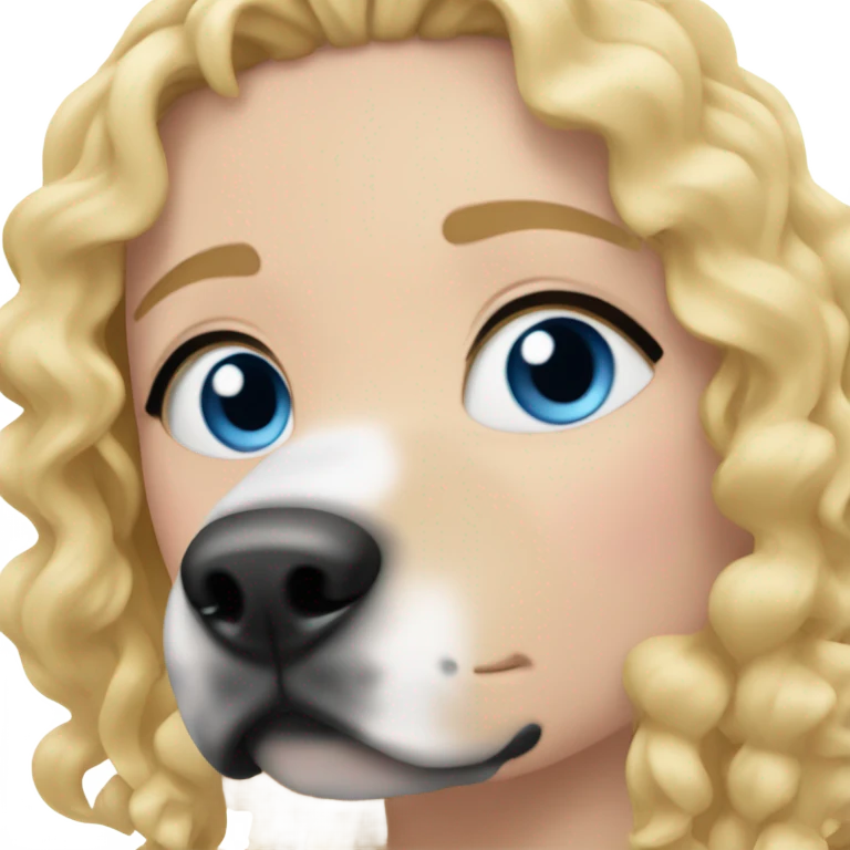 girl with blue eyes and curly blonde hair with black and white staffy in front of her emoji