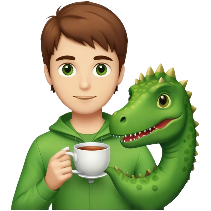 Brown hair guy with green eyes drinking tea in a dinosaur costume emoji