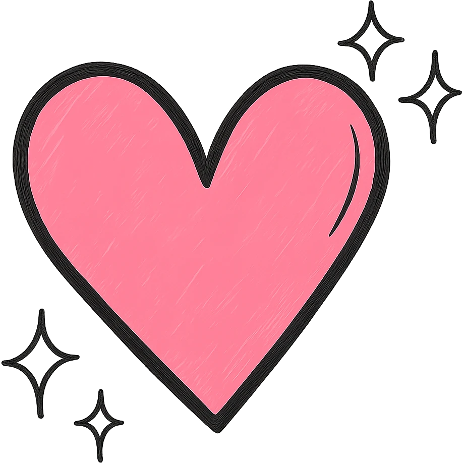 Make the pink hand drawn heart with sparkles larger, keep the black outline style, and use a clean white background. emoji