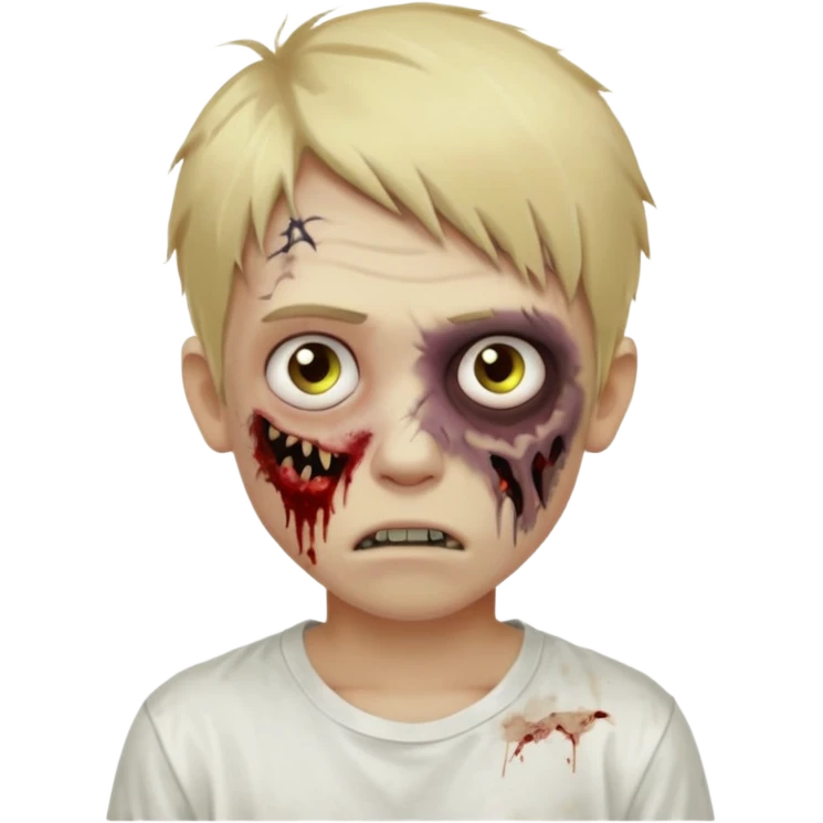 create boy blonde hair long messy, light eyes, white t shirt, style zombie emoji