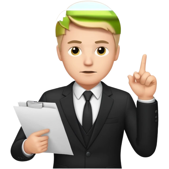 A white man in a black suit stands with a serious face and points at his hand holding papers. emoji