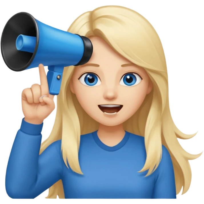  blue eyes blonde girl yelling into megaphone smiling long hair holding up finger emoji