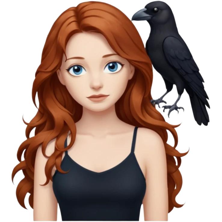 Constantine and Long wavy Auburn hair woman BLUE eyes wearing black cami and a crow emoji