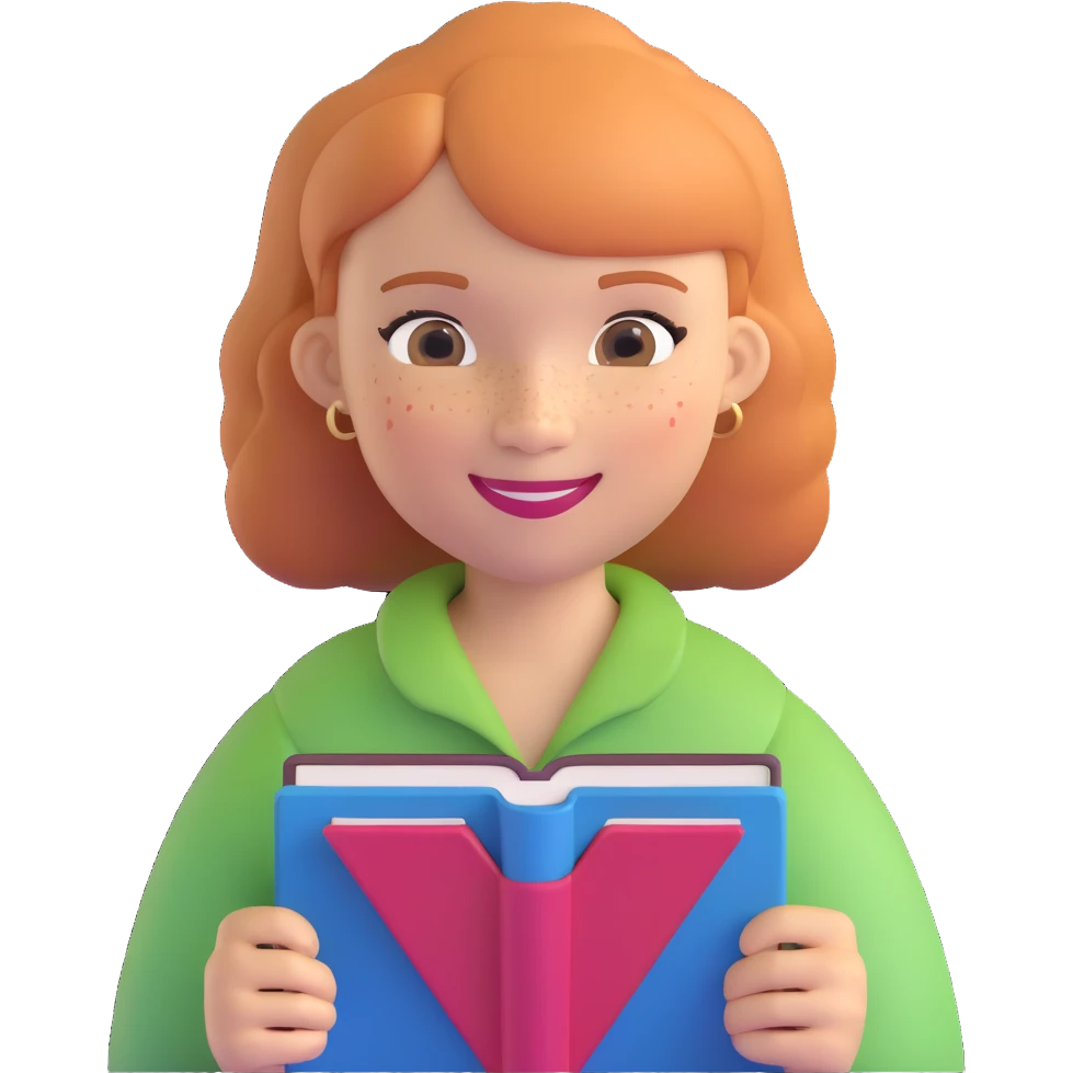 light-skinned woman in her 40s, strawberry blonde page haircut, round face, freckles, smiling, holding a book emoji