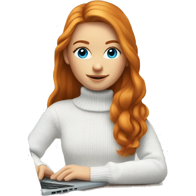 ginger girl with long hair and blue eyes in turtle neck white sweater working on a laptop emoji