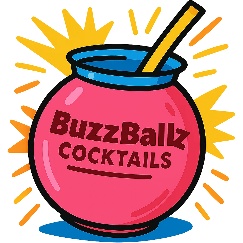 a big pink BuzzBallz drink, exaggerated size, energetic and lively emoji