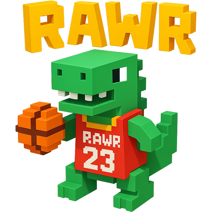 надпись "RAWR" и динозавр с баскетбольном мячом в майке с надписью "23", no background  emoji