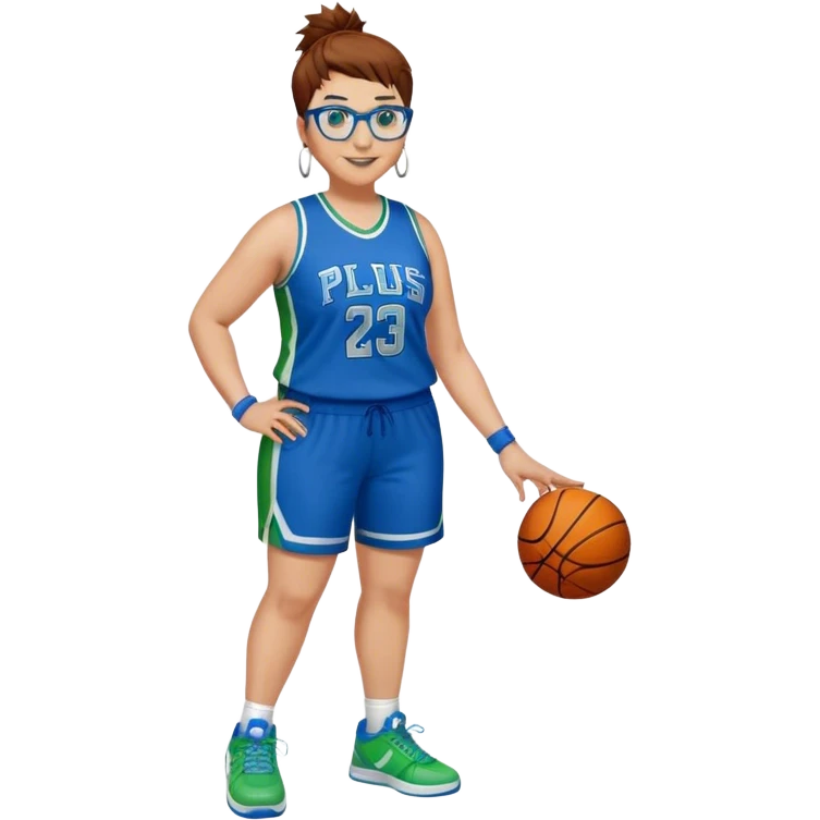 Full Body plus size white female basketball player with short medium brown hair with carmel highlights spikey hair wearing blue glasses 
 wide nose wearing blue green uniform  green sneakers smiling wearing silver hoop earrings emoji