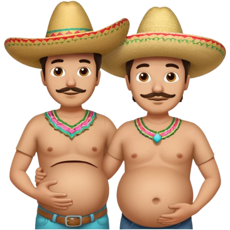 only two men standing besides each other. 1 man is white and not pregnant, and the other man is mexican wearing a sombrero and pregnant, holding his belly.  emoji