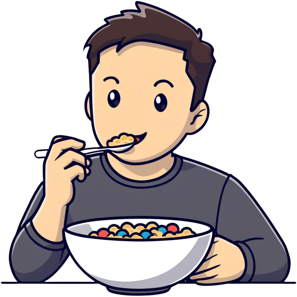 Elon Musk eating a bowl of cereal, tech entrepreneur with short dark hair enjoying breakfast emoji
