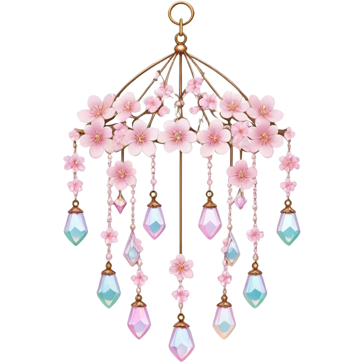 Hanging Iridescent pastel pink sakura crystals white-pearly suncatcher with a tiny bell chandelier emoji