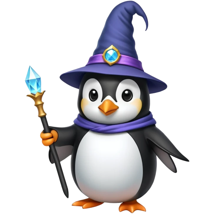 Penguin wizard with magical wand and wizard hat emoji