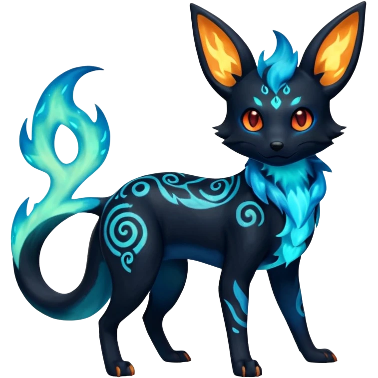 Shiny Fiery Dark Glowing Ethereal Eldritch Cool Edgy Badass Punky Aural Iridescent Fluorescent Bioluminescent Umbreon-Amaura-Salandit-Litten-Flareon-Fakémon-fusion (full body) with intricate pattern markings emoji