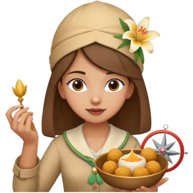 create an image similar to an emoji of a pinni / laddoo as an assamese girl navigating using a compass. She also has a lily on her head. Do not make her very human emoji