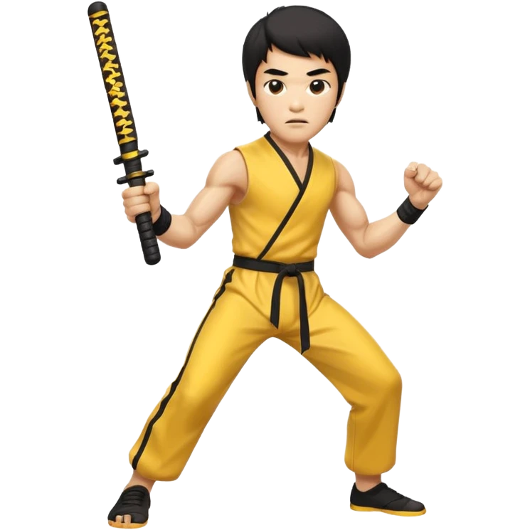 fierce Bruce Lee, nunchaku in hand, aggressive look, yellow jumpsuit emoji